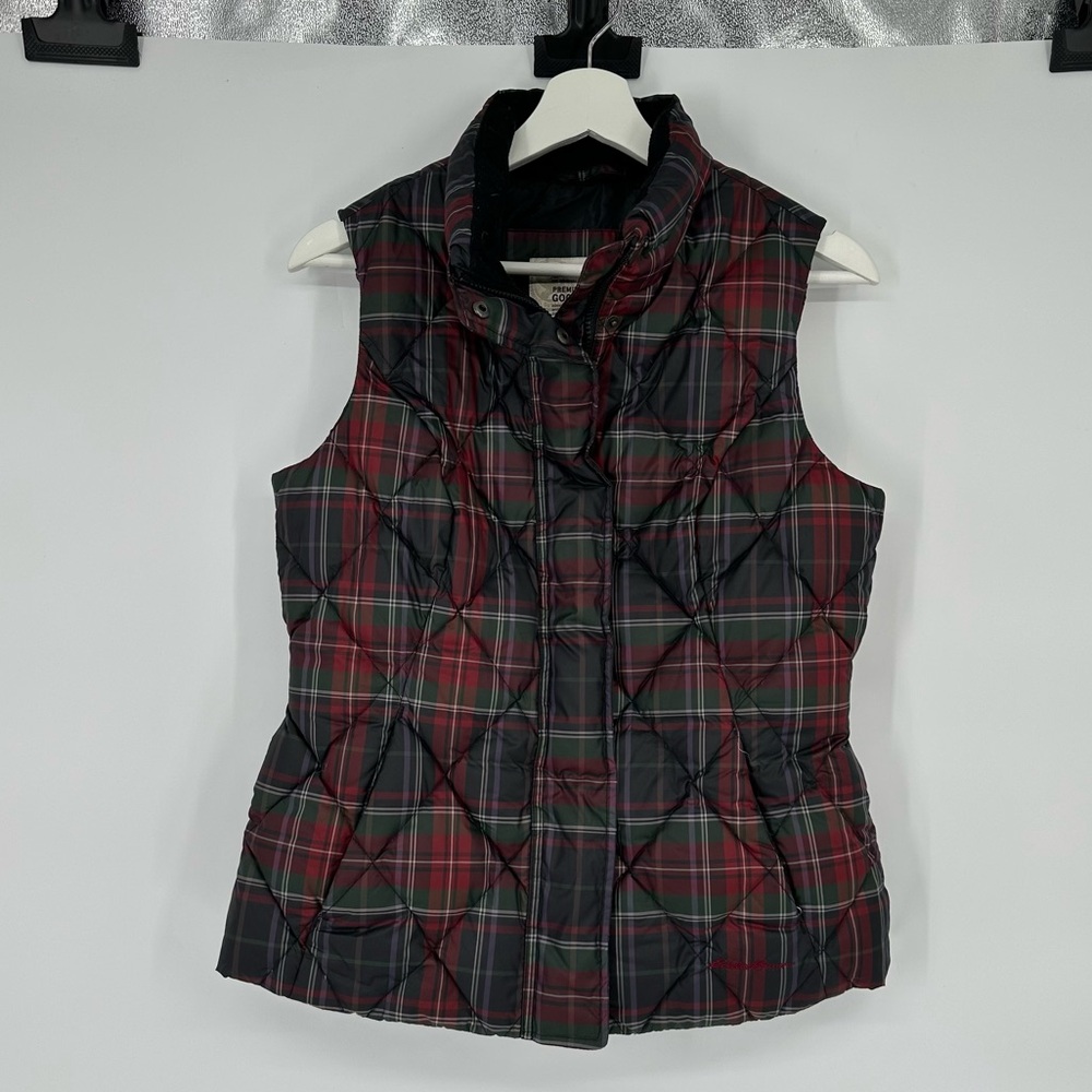 Eddie Bauer Black Red Green Plaid Goose Down Puffer Vest Small